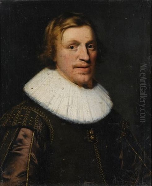 A Portrait Of A Young Gentleman, Bust Length, Wearing A Brown Gold-embroidered Suit With A White Collar Oil Painting by Wybrand Simonsz De Geest