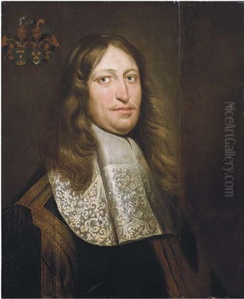 Portrait Of A Man Of The Camstra - Ebbinga Tot Blya Family, In Black Costume And White Jabot Oil Painting by Wybrand Simonsz De Geest