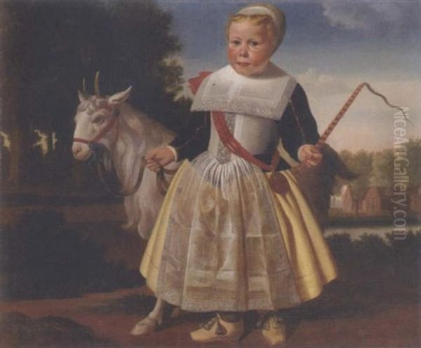 Portrait Of A Young Girl Standing In A Landscape, Holding A Tethered Goat With Her Right Hand And A Whip In Her Left Hand Oil Painting by Wybrand Simonsz De Geest