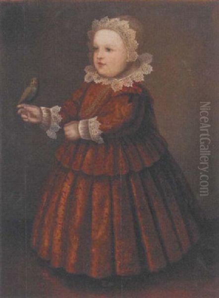 Portrait Of A Young Girl, In An Amber Embroidered Dress And Holding A Parrot On Her Outstretched Hand Oil Painting by Wybrand Simonsz De Geest