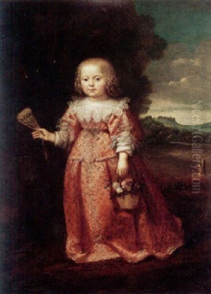 Portrait Of A Young Girl Wearing A Red Dress, Holding A Fan And A Basket Of Flowers Oil Painting by Wybrand Simonsz De Geest