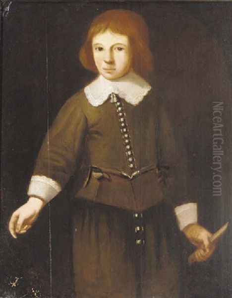 Portrait Of A Boy Wearing A Green Suit And Holding A Flute Oil Painting by Wybrand Simonsz De Geest