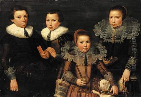 A Family Portrait Of Two Brothers And Two Sisters, The Boys In Brown Doublets And White Ruffs, The Girls In Embroidered Dresses And Lace Collars Oil Painting by Wybrand Simonsz De Geest