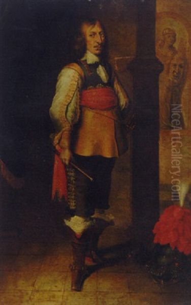 Portrait Of An Officer In A Buff Jerkin, Breast Plate And A Red Embroidered Sash, Holding A Baton Oil Painting by Wybrand Simonsz De Geest