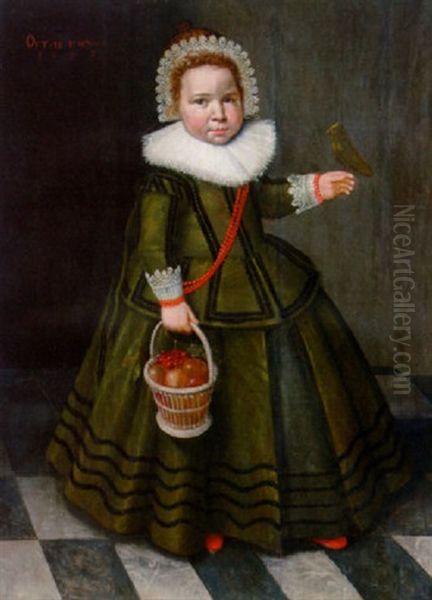 Portrait Of A Young Girl In A Grey Dress With A Ruff And A Lace Headdress, Holding A Basket Of Fruit And A Bird Oil Painting by Wybrand Simonsz De Geest
