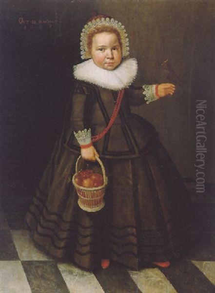 Portrait Of A Young Girl, Wearing A Green Dress Trimmed With Black Embroidery Oil Painting by Wybrand Simonsz De Geest