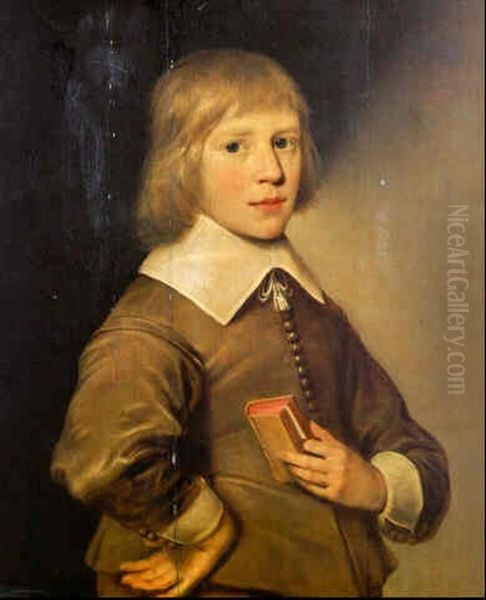 Portrait Of A Boy, Wearing Light Brown Costume, Holding A Book Oil Painting by Wybrand Simonsz De Geest