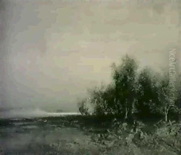 Sjolandskap Med Trad Samt Kvinna                            Pa Stig - Regnstamning Oil Painting by Wilhelm von Gegerfelt