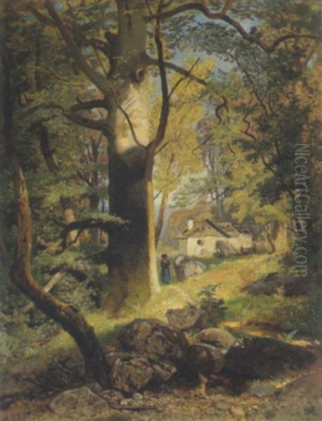 Waldlandschaft Mit Hase Im Vordergrund Oil Painting by Eduard Gehbe