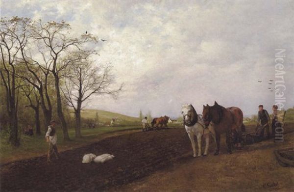 Bonder Og Heste Pa Marken Oil Painting by Casimir Geibel