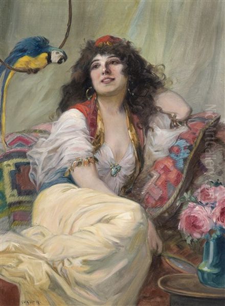 Haremsdame Mit Papagei Oil Painting by Richard Geiger