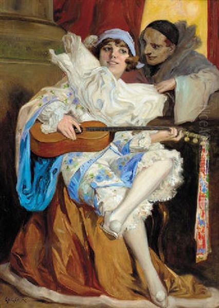 Pierrot And Columbina Oil Painting by Richard Geiger