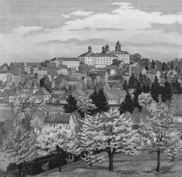 Bensberg, Blick Uber Bluhende Apfelbaume Und Hauser Auf Das Schloss Oil Painting by Franz Geissel