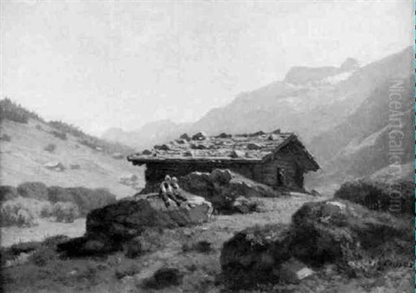 Gebirgslandschaft Mit Hochalm In Der Mittagssonne Oil Painting by Johann-Joseph Geisser