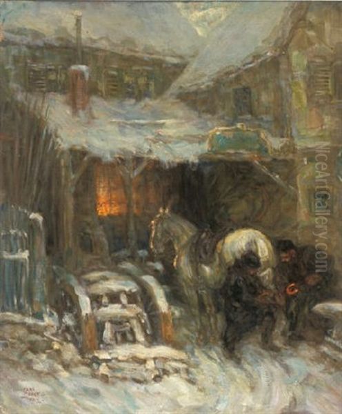 Shoeing A Horse Oil Painting by Carl Friedrich Wilhelm Geist