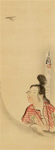 Madchen In Einem Rundfester, Zu Einem Vorbeifliegenden Kuckuck Schauend Oil Painting by Ogata Gekko