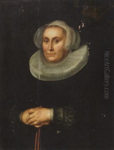 Portrat Der Cathrina Vlenbergs Mit Muhlsteinkragen Und Spitzenhaube. In Den Gefalteten Handen Ein Rosenkranz Oil Painting by Gortzius Geldorp