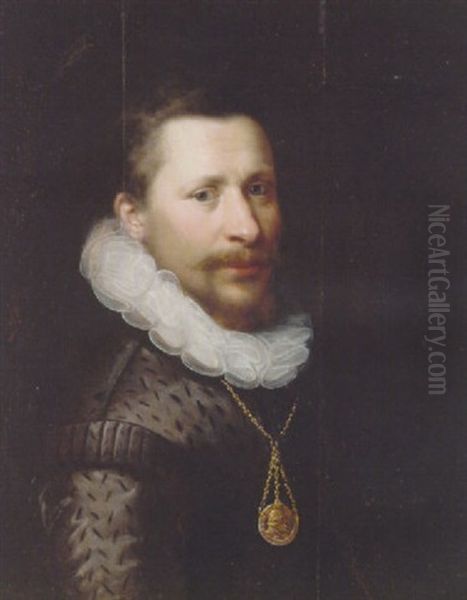 Portrait Of A Gentleman In A Grey Slashed Doublet, Ruff And A Chain Oil Painting by Gortzius Geldorp