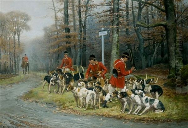 Ecoutant Les Chiens D'attaque, Probablement En Foret De Fontainebleau Oil Painting by Jules Bertrand Gelibert