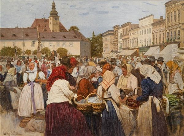 Market Day At The Schlosplatz In Frydek-mistek Oil Painting by Johann Nepomuk Geller