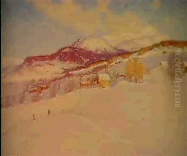 Vinterlandskap Med Skidakare Oil Painting by Anton Genberg