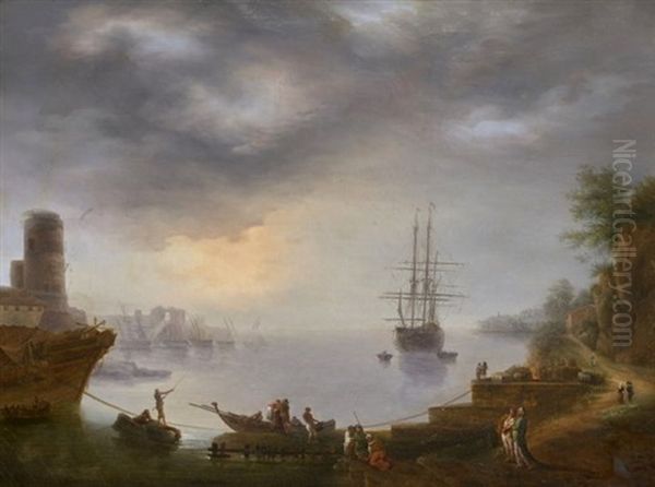 Port Mediterraneen Anime De Figures Au Couchant Oil Painting by Jean Baptiste Genillion