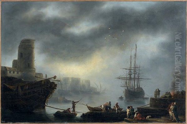 Scene De Port Animee Oil Painting by Jean Baptiste Genillion