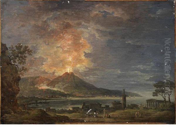 A Capriccio Of Classical Ruins With A Volcano Erupting On The Horizon Oil Painting by Jean Baptiste Genillion