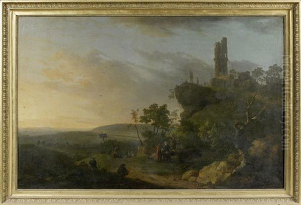 Paysage Avec Une Tour Du Moyen-age En Ruine Et Anime De Personnages Oil Painting by Jean Baptiste Genillion