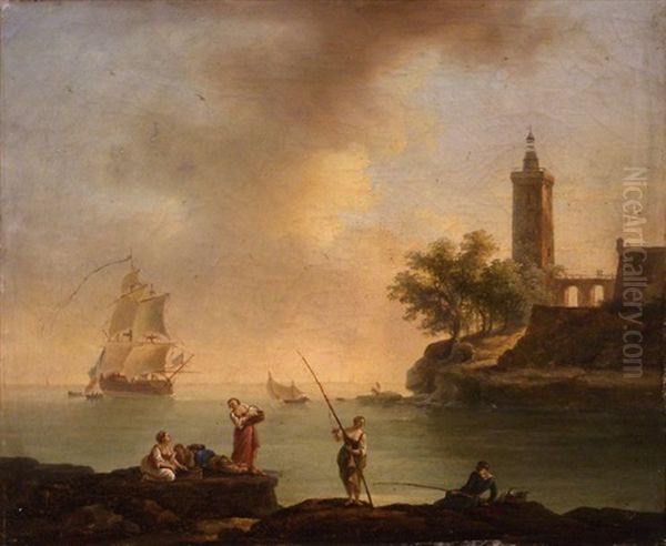 Pecheurs Sur Un Rivage Devant Un Phare Oil Painting by Jean Baptiste Genillion