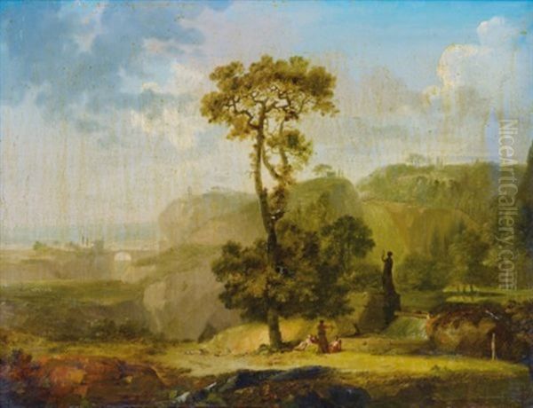 Paysages Classiques Animes De Personnages (pair) Oil Painting by Jean Baptiste Genillion
