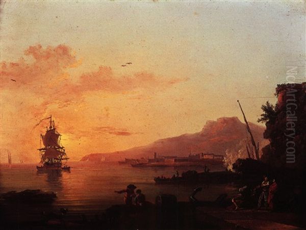 Pecheurs Et Marchands Sur Un Pont Au Soleil Levant (+ Pecheurs Relevant Leurs Filets Au Coucher Du Soleil; Pair) Oil Painting by Jean Baptiste Genillion