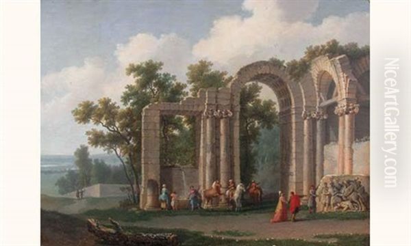 Visiteurs Dans Des Ruines Antiques Oil Painting by Jean Baptiste Genillion