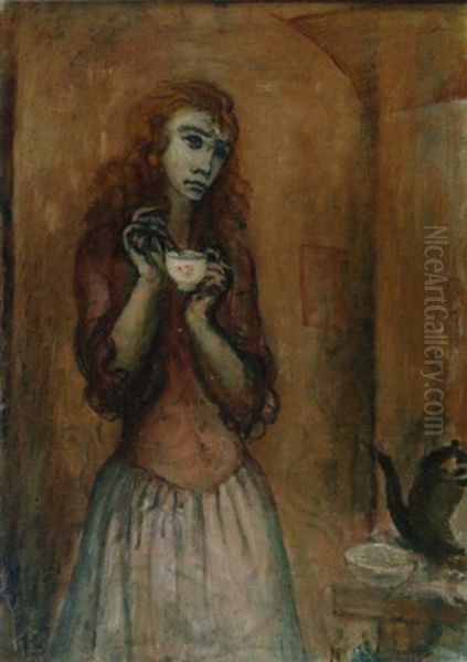 Junge Frau Mit Kaffeetasse Oil Painting by Robert Genin