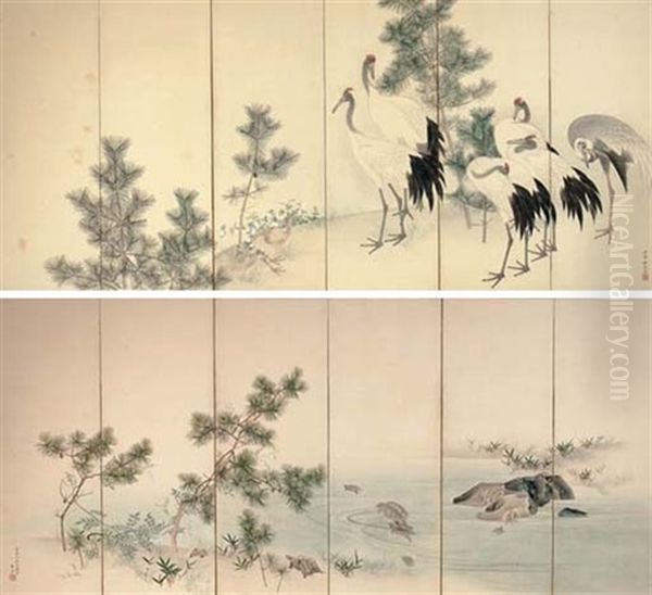 Cranes And Turtles By Young Pines (+ Another; Pair) Oil Painting by Komai Genki