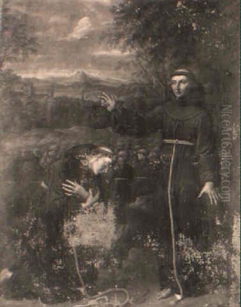 Saint Francis Of Assisi Blessing A Monk Oil Painting by Benedetto Gennari the Elder
