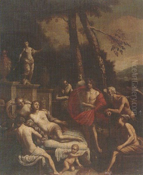 A Mythological Subject With Venus Reclining Before Apollo, In The Presence Of Mercury And Father Time Oil Painting by Benedetto Gennari the Younger