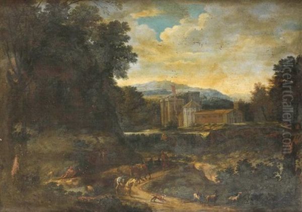 Cavaliers Dans Un Paysage (+ Patre Se Reposant Au Bord D'un Chemin Longeant Un Chateau; Pair) Oil Painting by Abraham Genoels