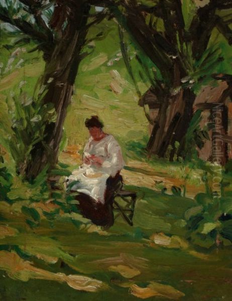 Mother In The Garden Oil Painting by Lillian M. Genth