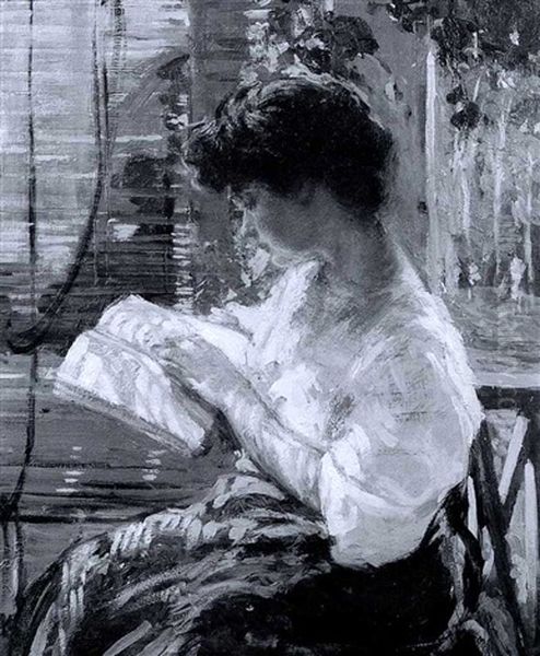 A Pleasant Afternoon / Portrait Of A Young Woman Reading Oil Painting by Lillian M. Genth
