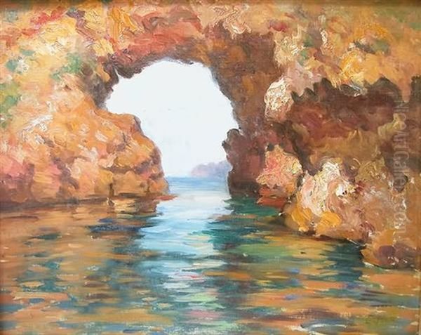 Water Flowing Under Arch-form Rock Formation Oil Painting by Lillian M. Genth