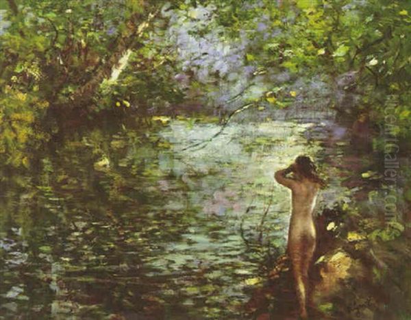 Nude Bather By The Stream Oil Painting by Lillian M. Genth