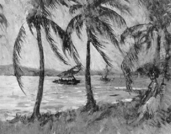 A Moonlight Landscape In Papua, New Guinea Oil Painting by Lillian M. Genth