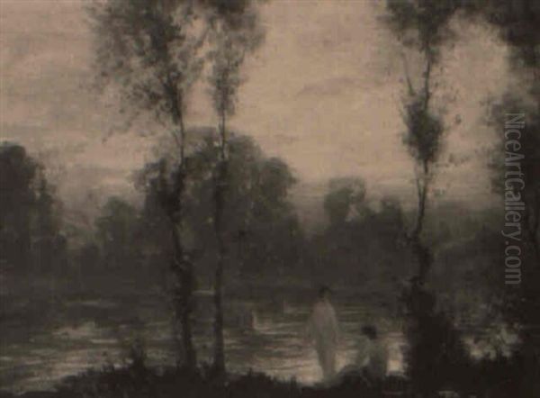 Landscape Of Figures Beside A Lake With Swans Oil Painting by Lillian M. Genth