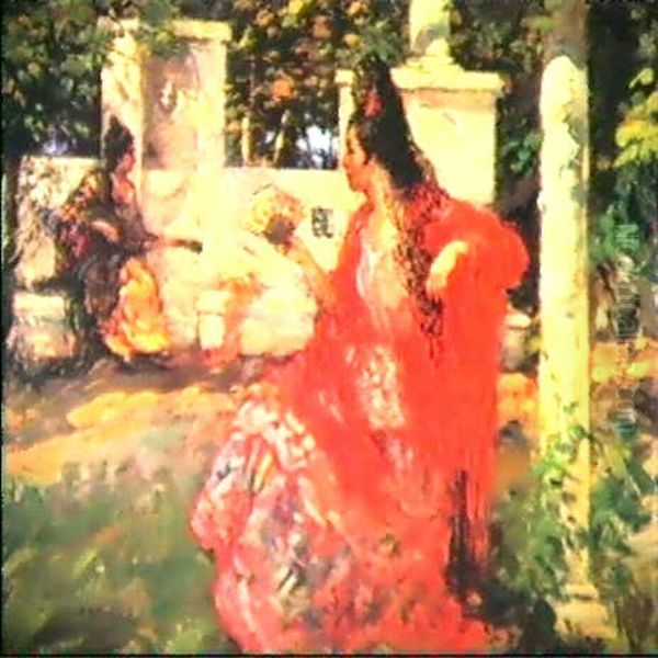 In A Spanish Garden Oil Painting by Lillian M. Genth