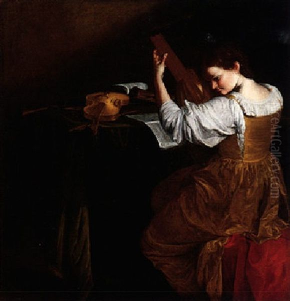Portrait Of A Lady Playing The Lute, Seated At A Table Scattered With Insturments And Musical Scores Oil Painting by Orazio Gentileschi