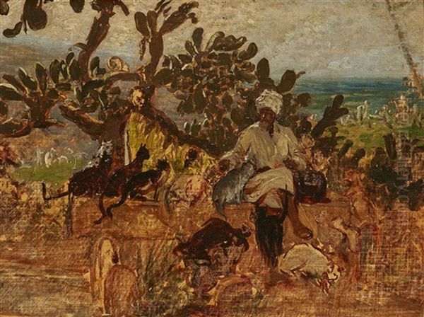 Oriental Feeding Cats At A Cemetary In Algier Oil Painting by Wilhelm (Karl) Gentz