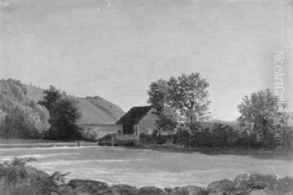 Fluss Mit Hutte In Hugeliger Landschaft Oil Painting by Jean Philippe George-Julliard