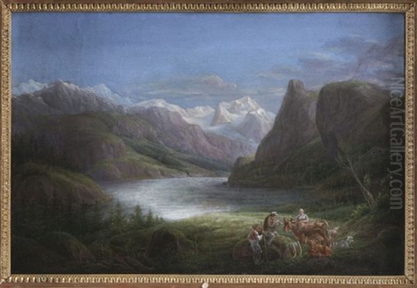 Gebirgssee Mit Hirten, Weidetieren Und Zeichner Oil Painting by Friedrich Otto Georgi