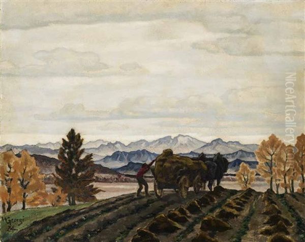 Bauer Mit Pferdefuhrwerk Auf Dem Acker Vor Weiter Landschaft, Beim Mistbreiten Oil Painting by Walter Georgi